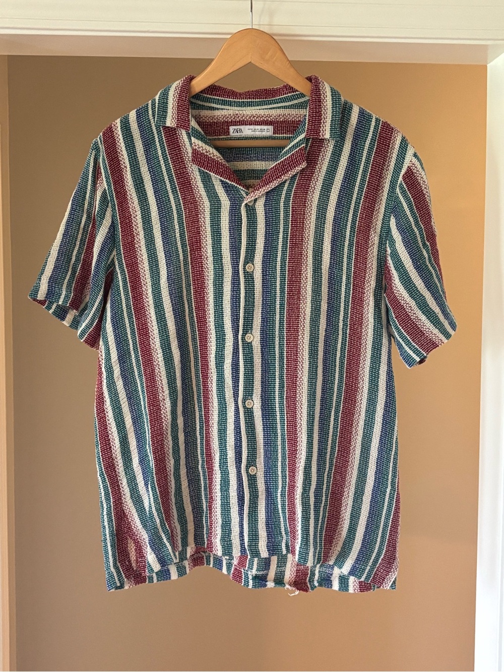 ZARA Men’s Loose Knit Short Sleeve Striped Button-Down Shirt